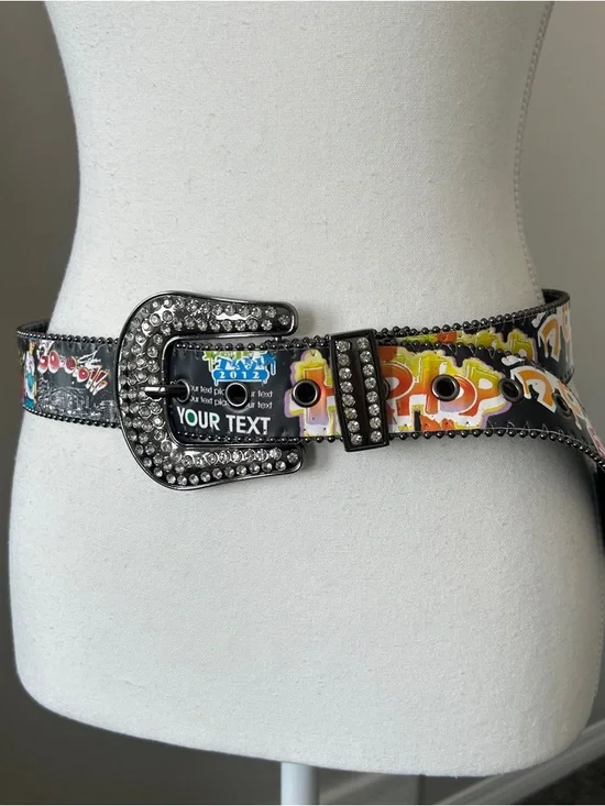 Y2K Style Black Abstract Print Rhinestone Belt - Picture 2 of 8